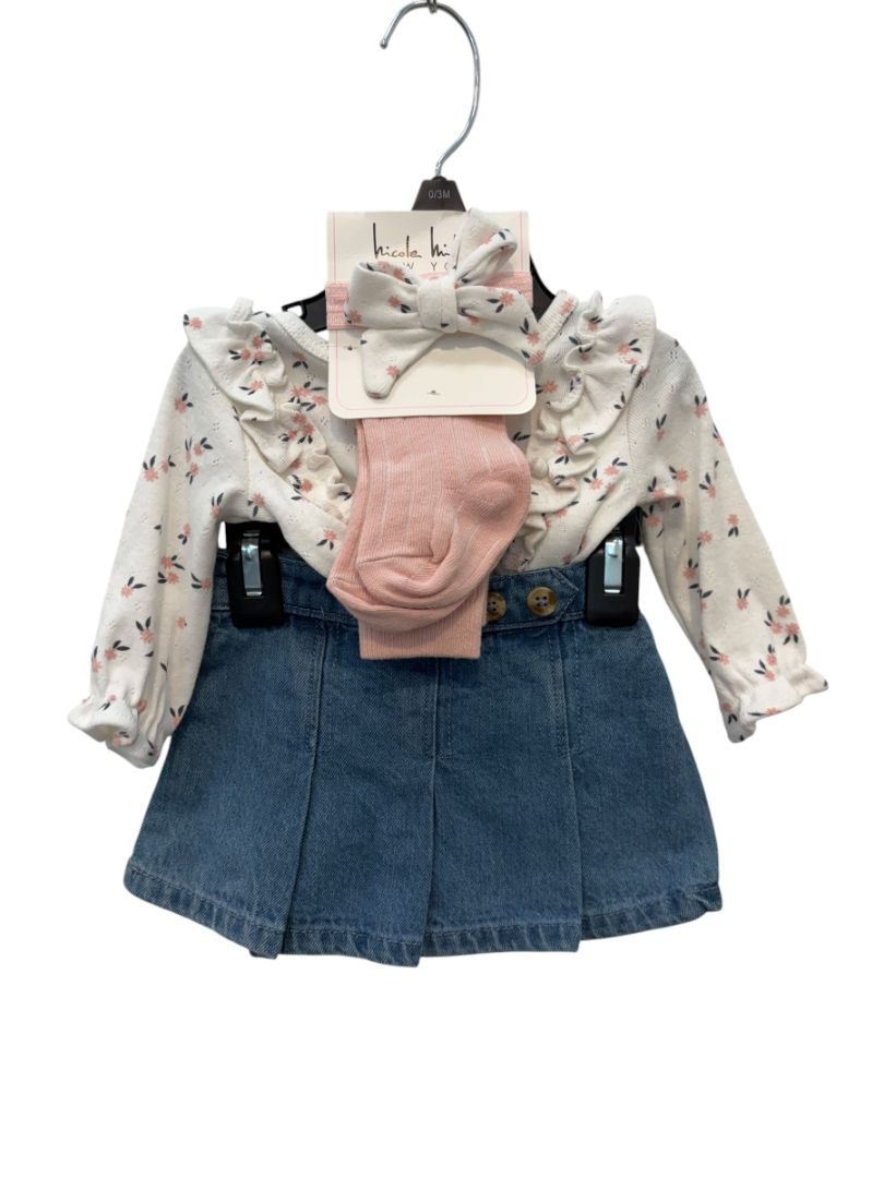 White, Pink & Blue Nicole Miller 4-Piece Denim & Pointelle Set – Size 0–3M (New with Tags)
