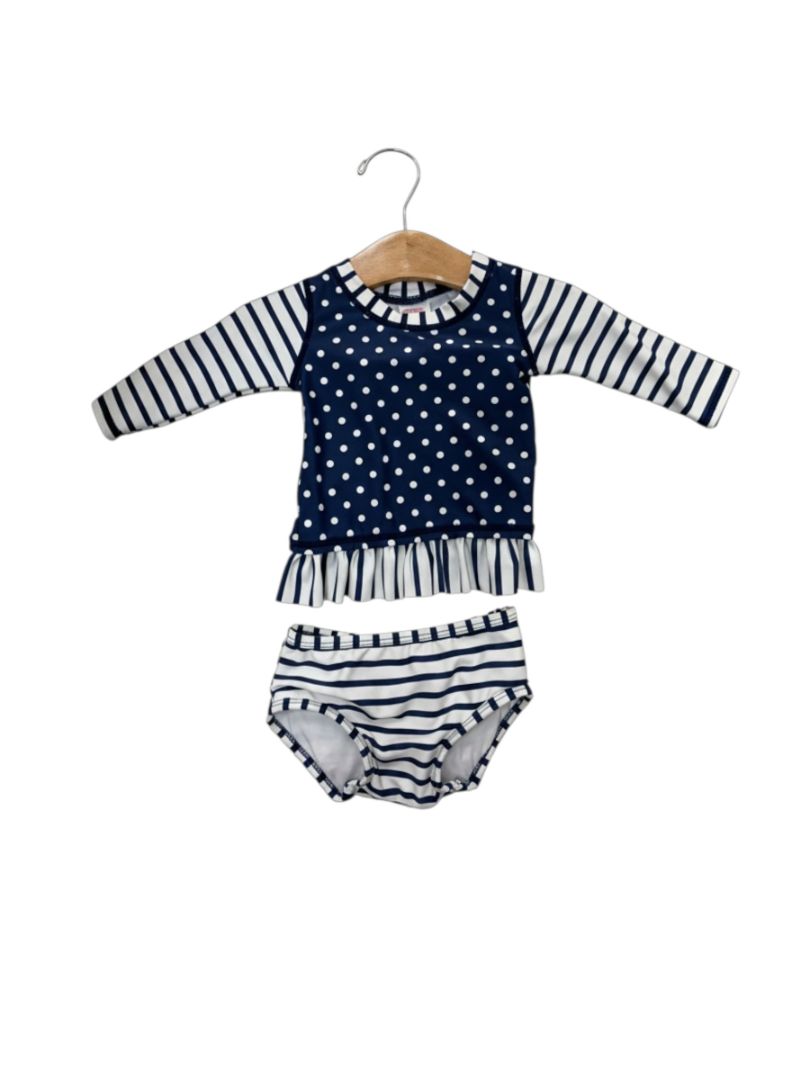 Blue/White Ruffle Butts Polka Dot Rashguard Set, 3-6M