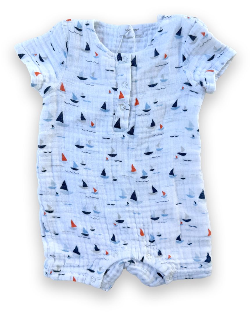 White/Blue/Orange Angel Dear Sailboat Linen Romper, 6M