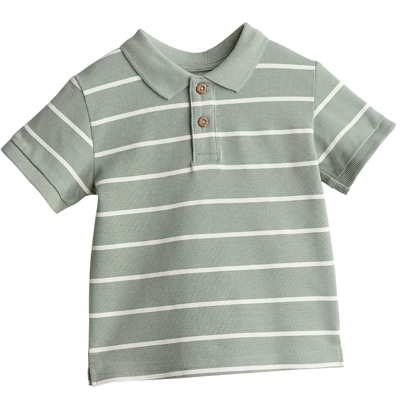 Green and white striped polo shirt on a white background