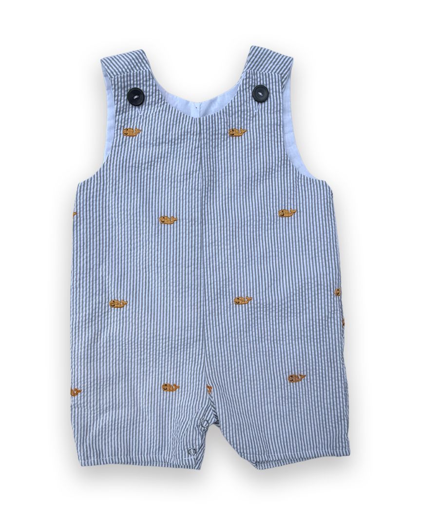 Gray Lolly Wolly Doodle Whale Seersucker Short Overall, 12M