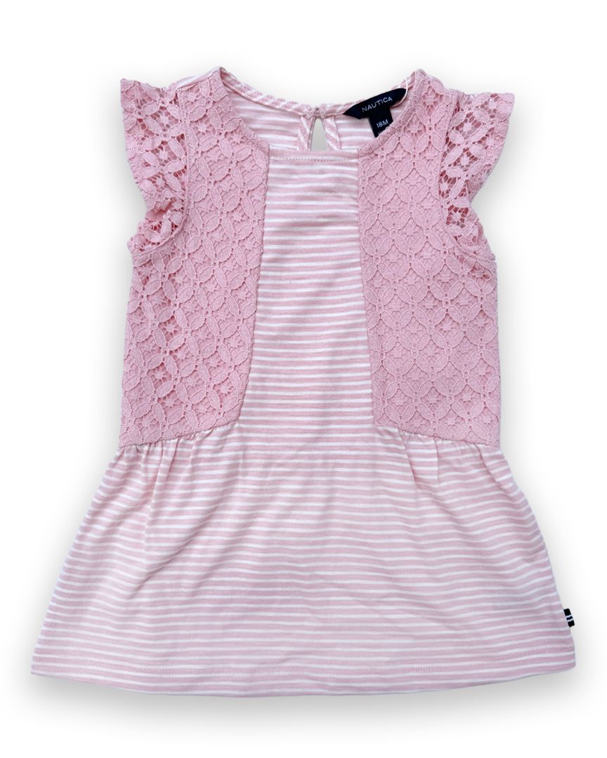 Pink/White Nautica Lace Sleeve Striped Dress, 18M