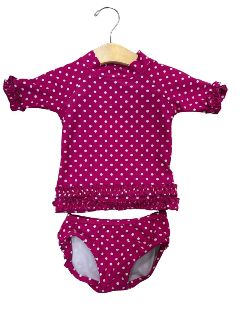 Magenta/White Ruffle Butts Polka Dot Rash Guard Set, 12-18M