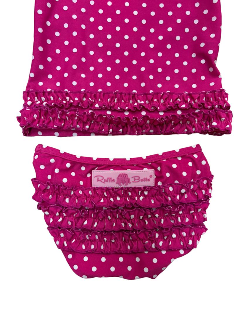 Magenta/White Ruffle Butts Polka Dot Rash Guard Set, 12-18M