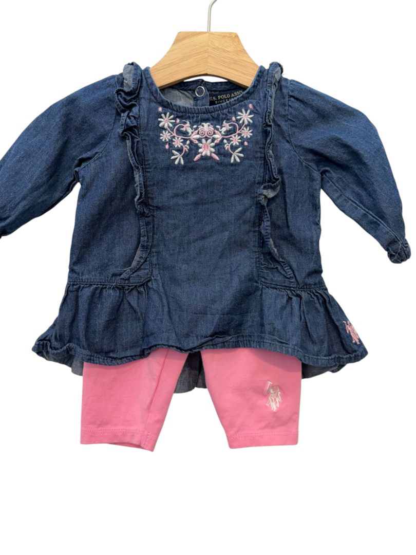 Blue & Pink U.S. Polo Assn. Denim Flower Dress & Legging Set – Size 3-6M