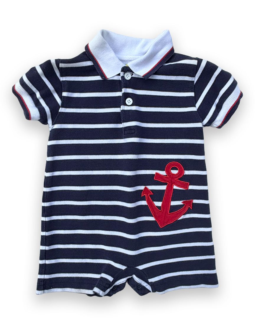 Navy Florence Eiserman Nautical Polo Romper, 18M