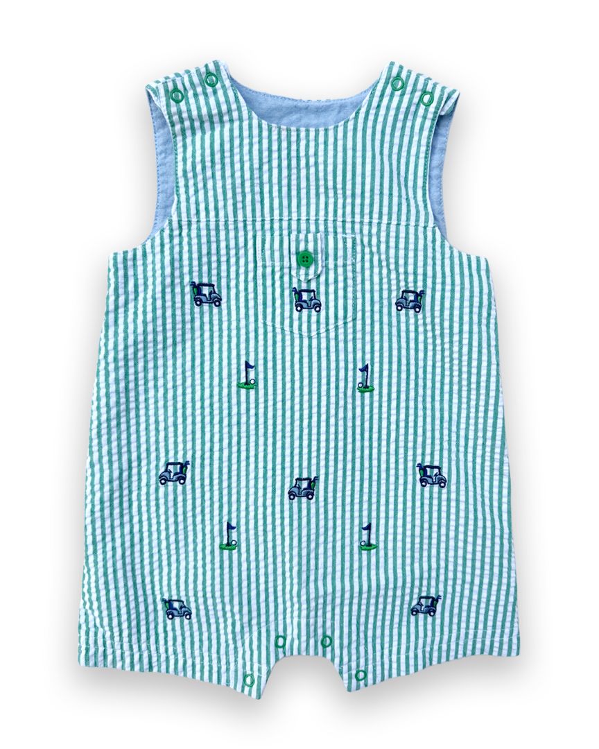 Green Little Me Seersucker Truck Overalls, 12M