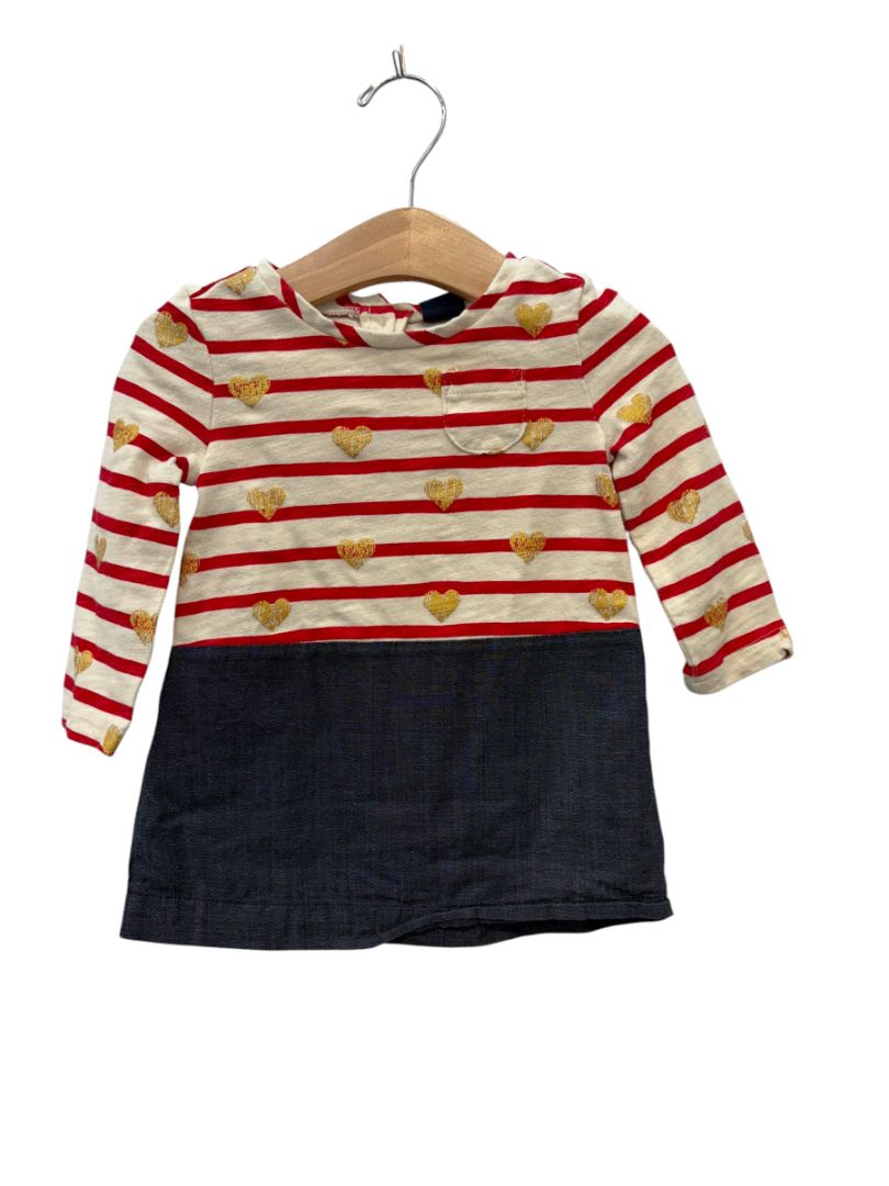 Red, Cream & Blue Baby Gap Striped Heart Dress – Size 12–18M