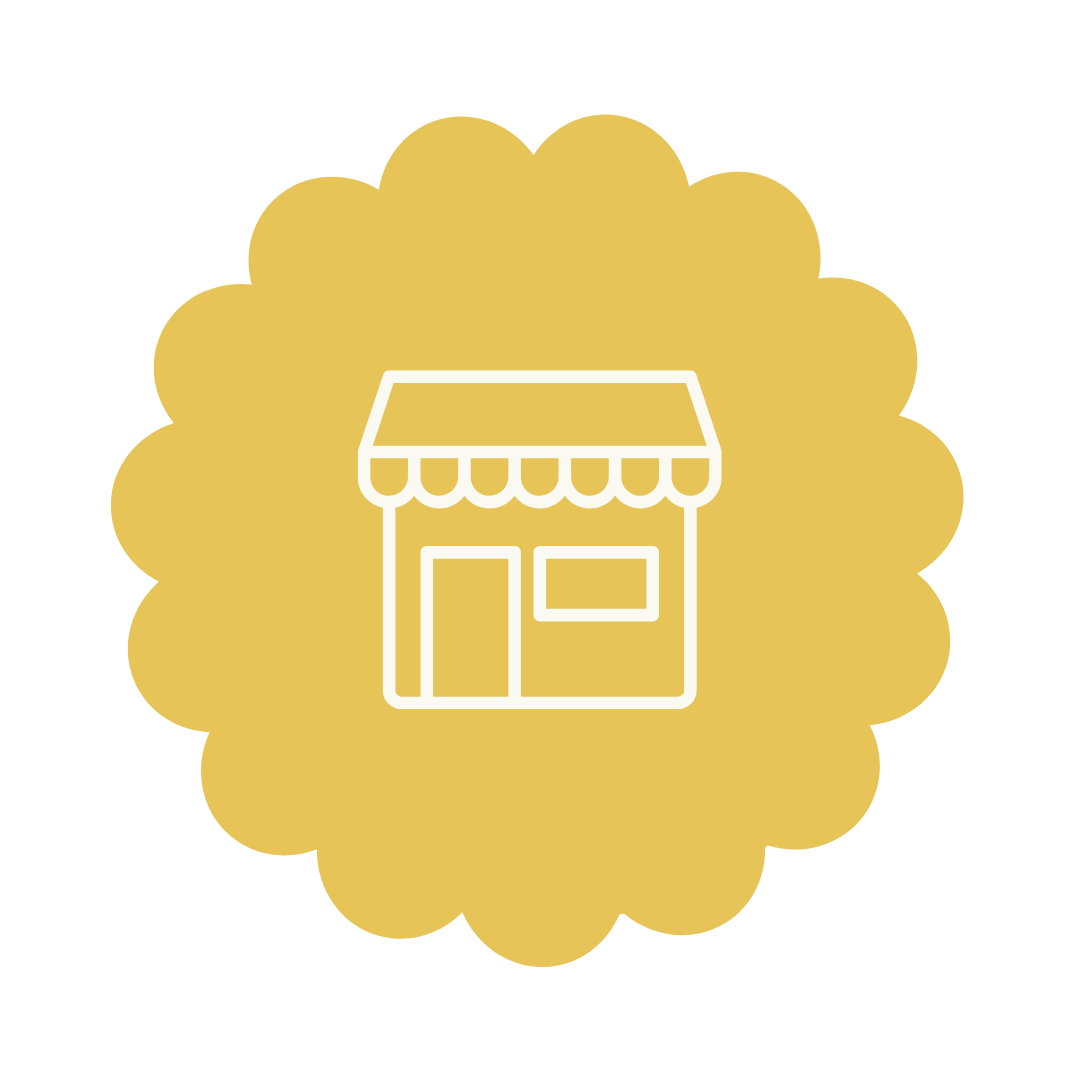 Yellow icon with a white outline of a store building