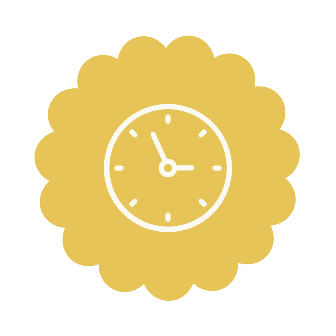 Yellow clock icon with a white outline on a white background