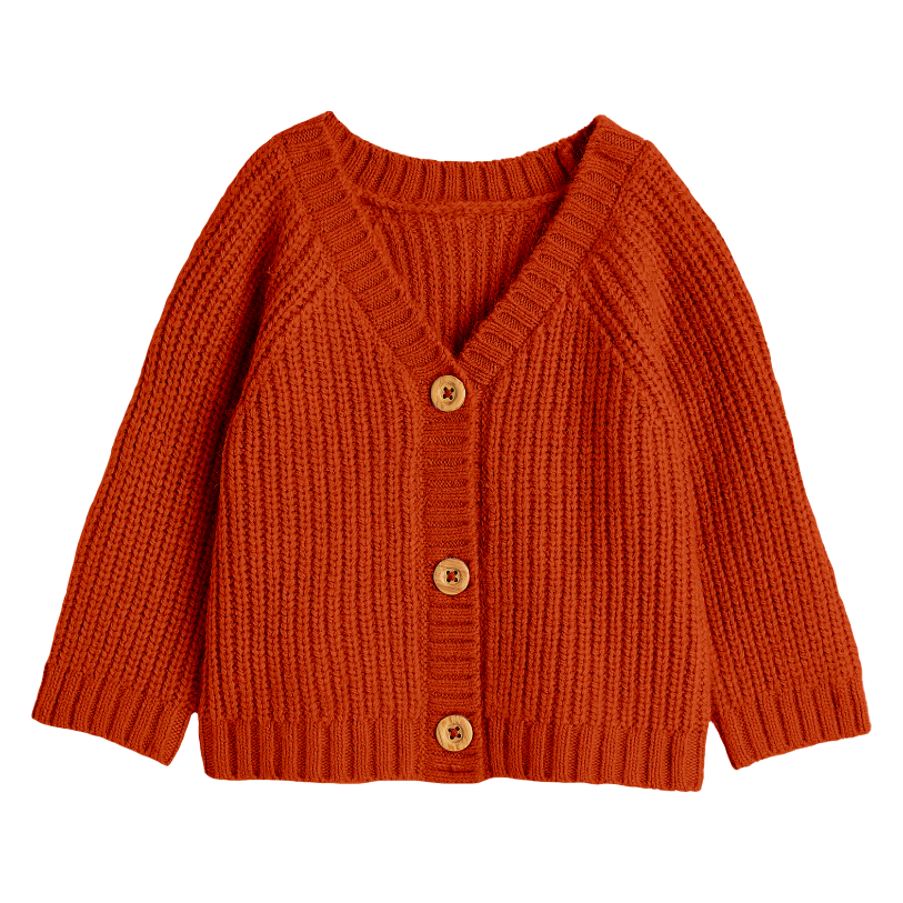 Orange knitted cardigan with buttons on a white background