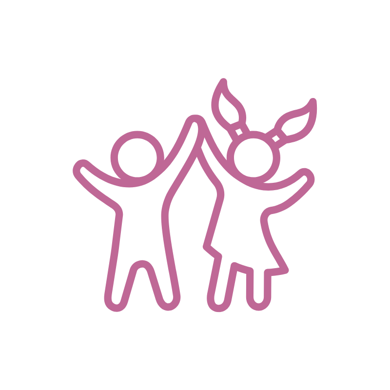 Pink icon of two people holding hands on a white background