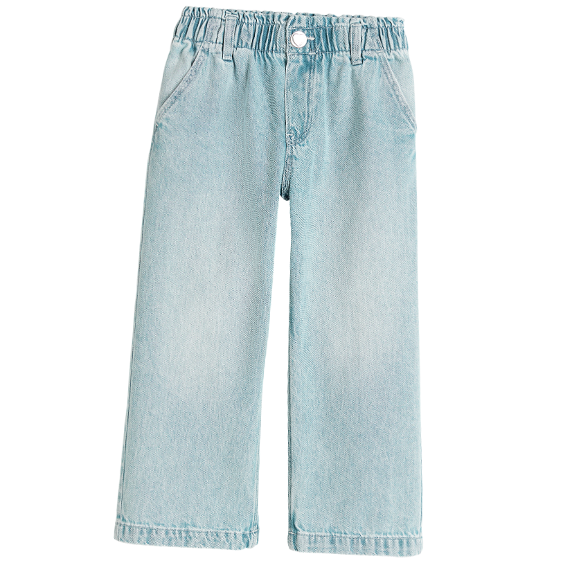 Light blue denim pants on a white background
