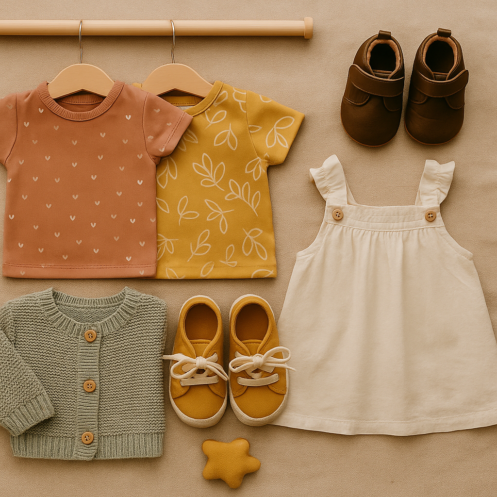 children's shirts, dress and shoes laid out on a brown background. 