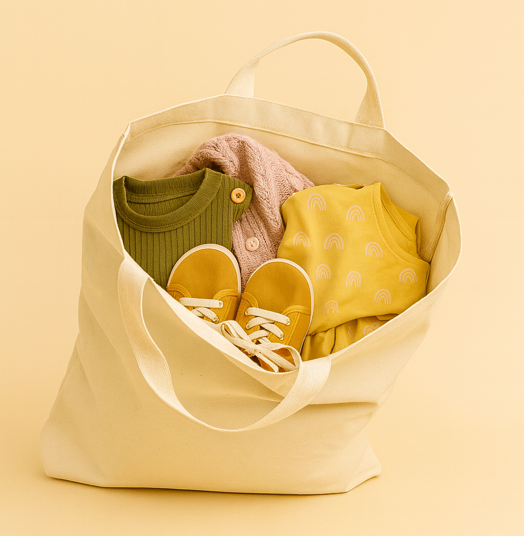 Canvas tote bag filled with kids clothing and kid shoes on a beige background