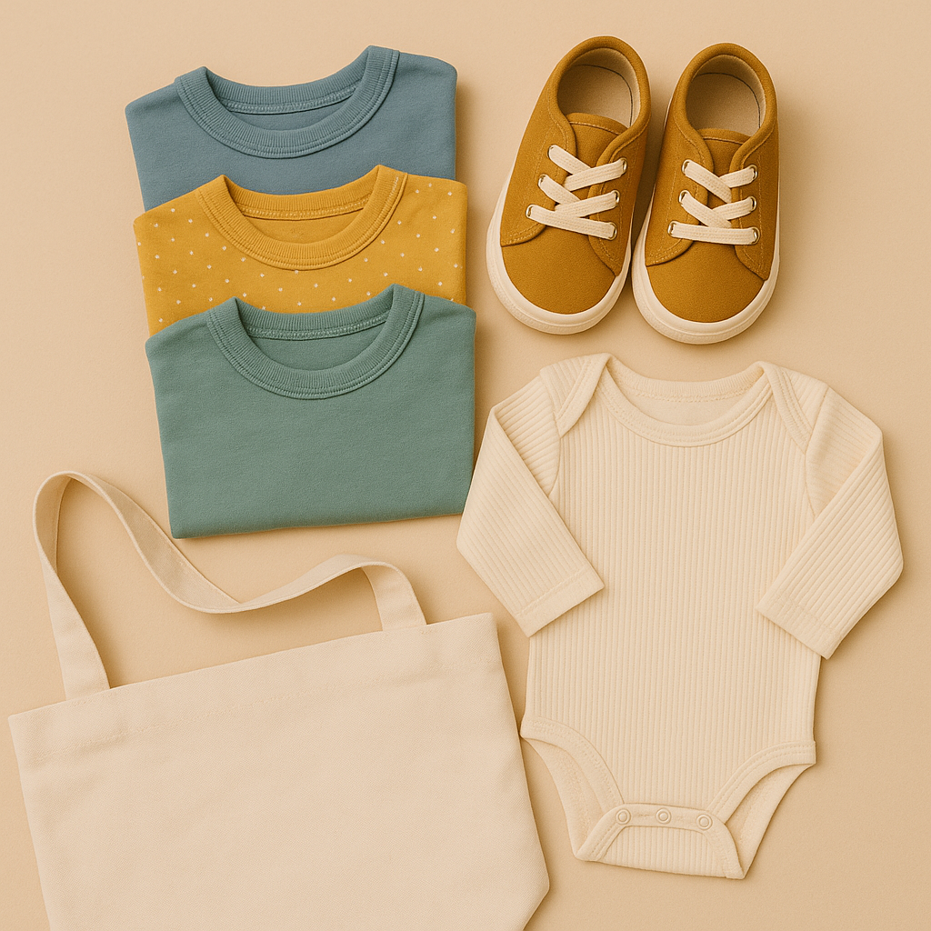 Flat lay of children's shirts, baby onsie and shoes along with a tote bag on a beige background. 