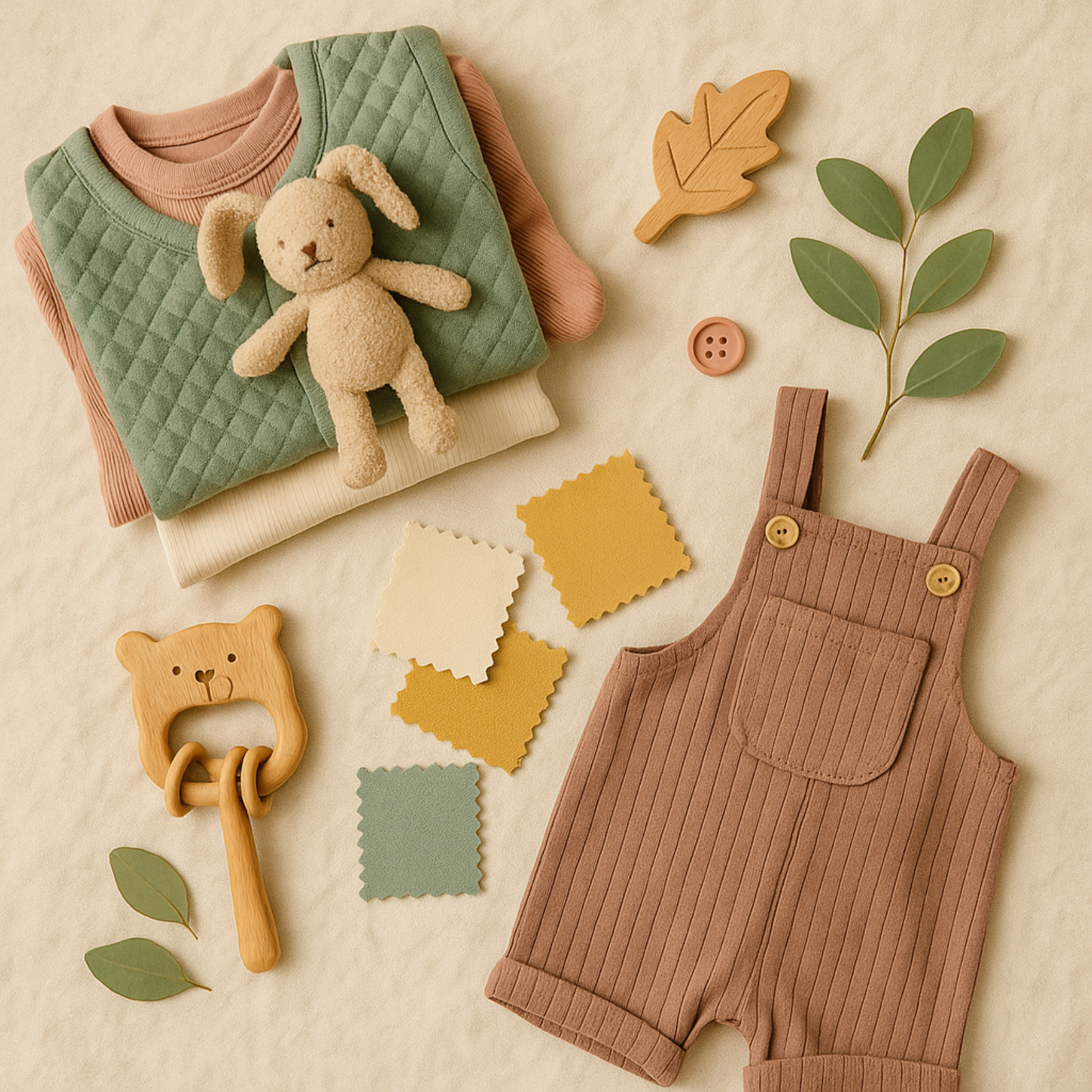 Baby clothing and toys including a romper, teddy bear, and wooden toys on a beige background.