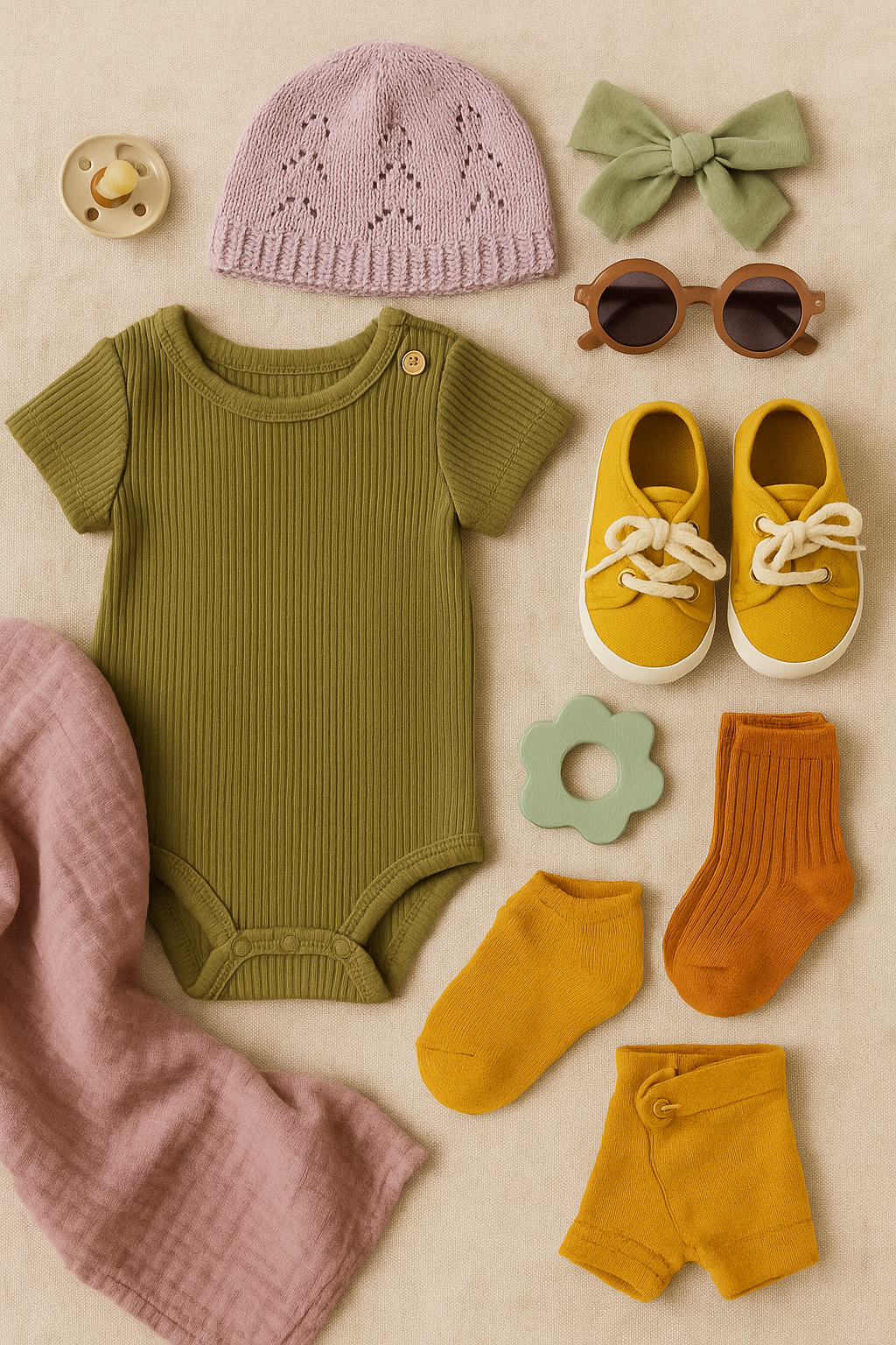Collection of baby clothing and accessories including a green onesie, purple hat, yellow shoes, and pink blanket on a beige background.