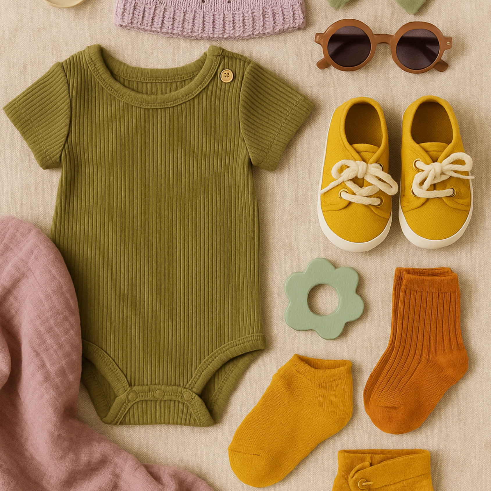 Personal Styling Session – South Orange, New Jersey: Flat-lay of coordinated infant clothing and accessories, including a onesie, sneakers, socks, beanie, swaddle, teething toy, and sunglasses.