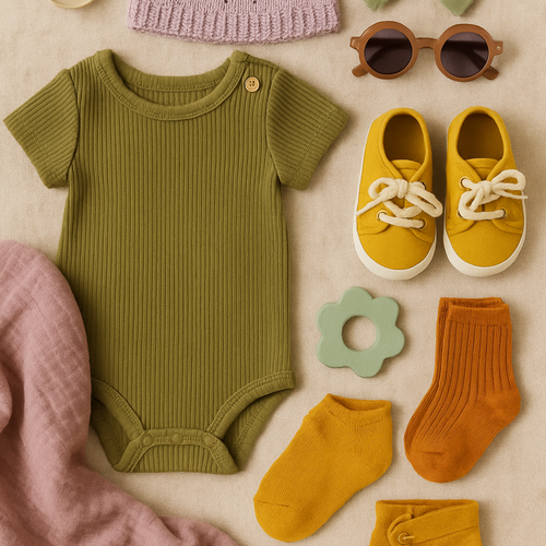 Personal Styling Session – South Orange, New Jersey: Flat-lay of coordinated infant clothing and accessories, including a onesie, sneakers, socks, beanie, swaddle, teething toy, and sunglasses.
