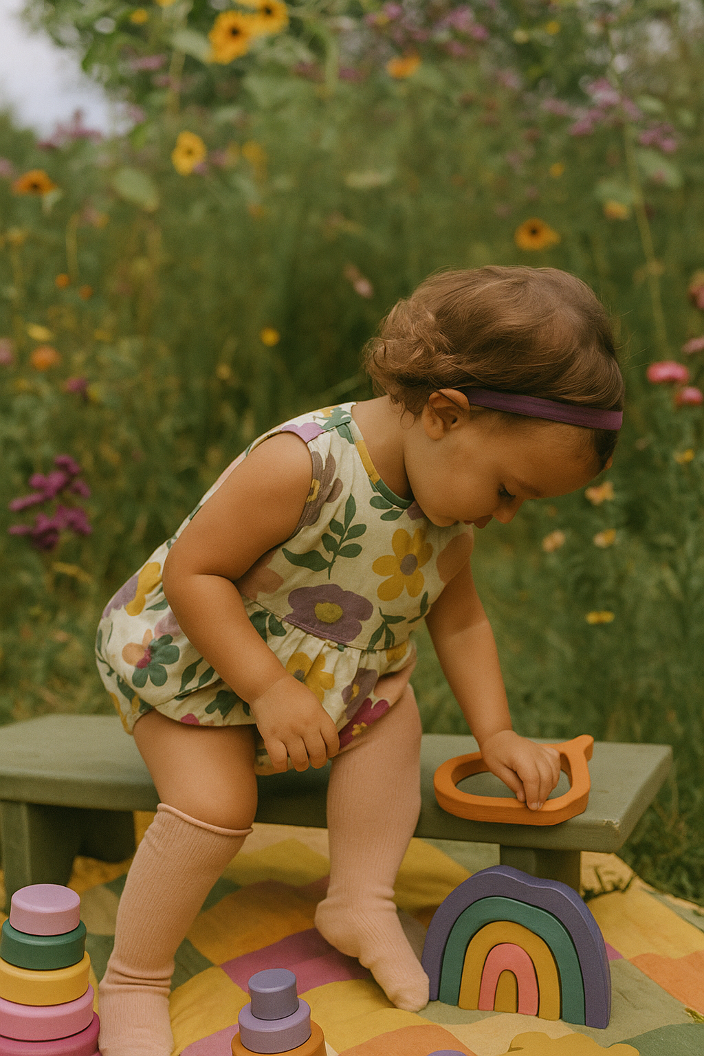 Child playing with colorful toys on a wooden bench in a garden setting
