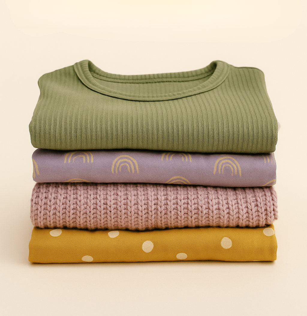 Stack of folded clothes including a green sweater, purple fabric with gold rainbows, pink knit sweater, and yellow fabric with white polka dots on a beige background.