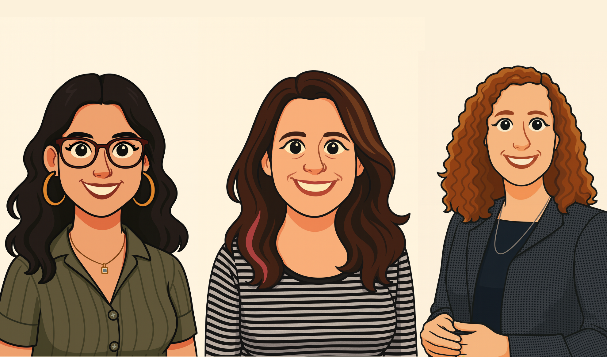 Three animated women with different hairstyles and outfits on a beige background