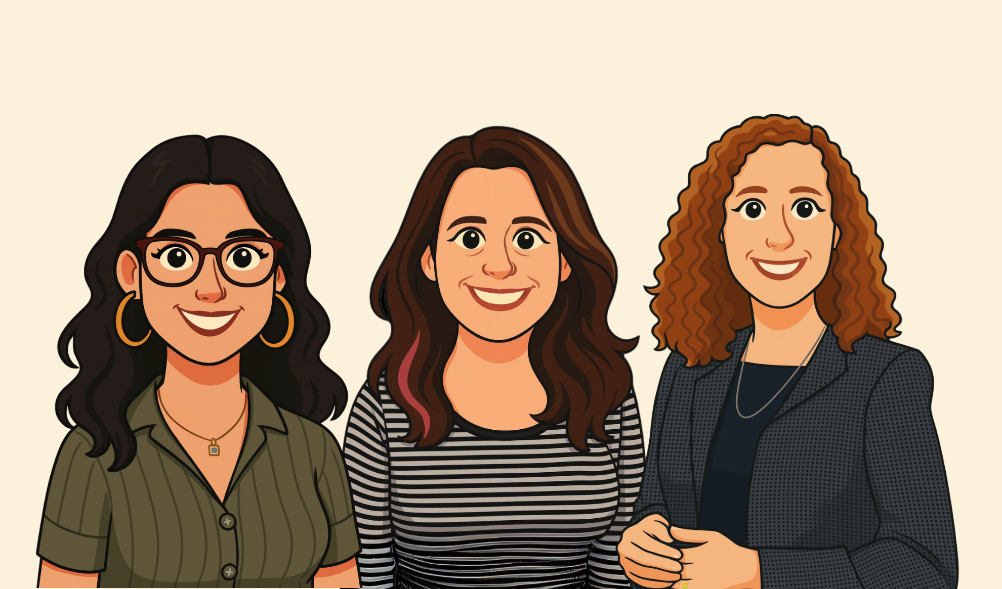 Illustration of three women with different hairstyles and outfits on a beige background