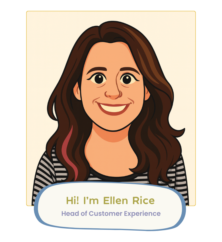 Illustration of a woman with text introducing her as Ellen Rice, Head of Customer Experience.