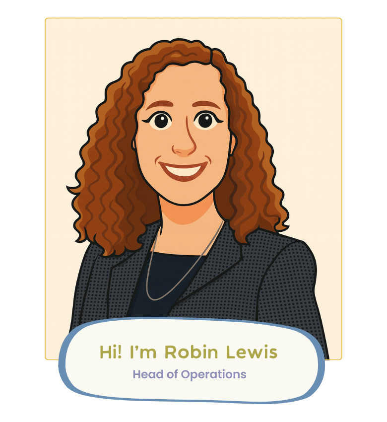 Illustration of a woman with text introducing her as Robin Lewis, Head of Operations.