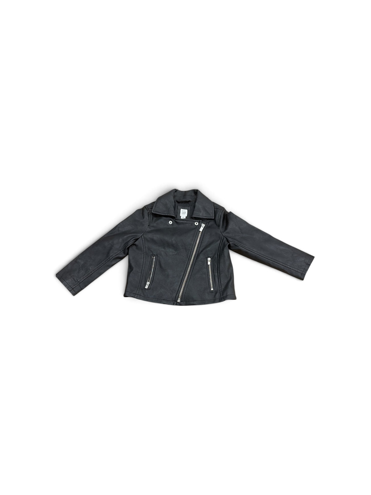 Baby Gap black faux leather moto jacket with silver zipper details for toddlers