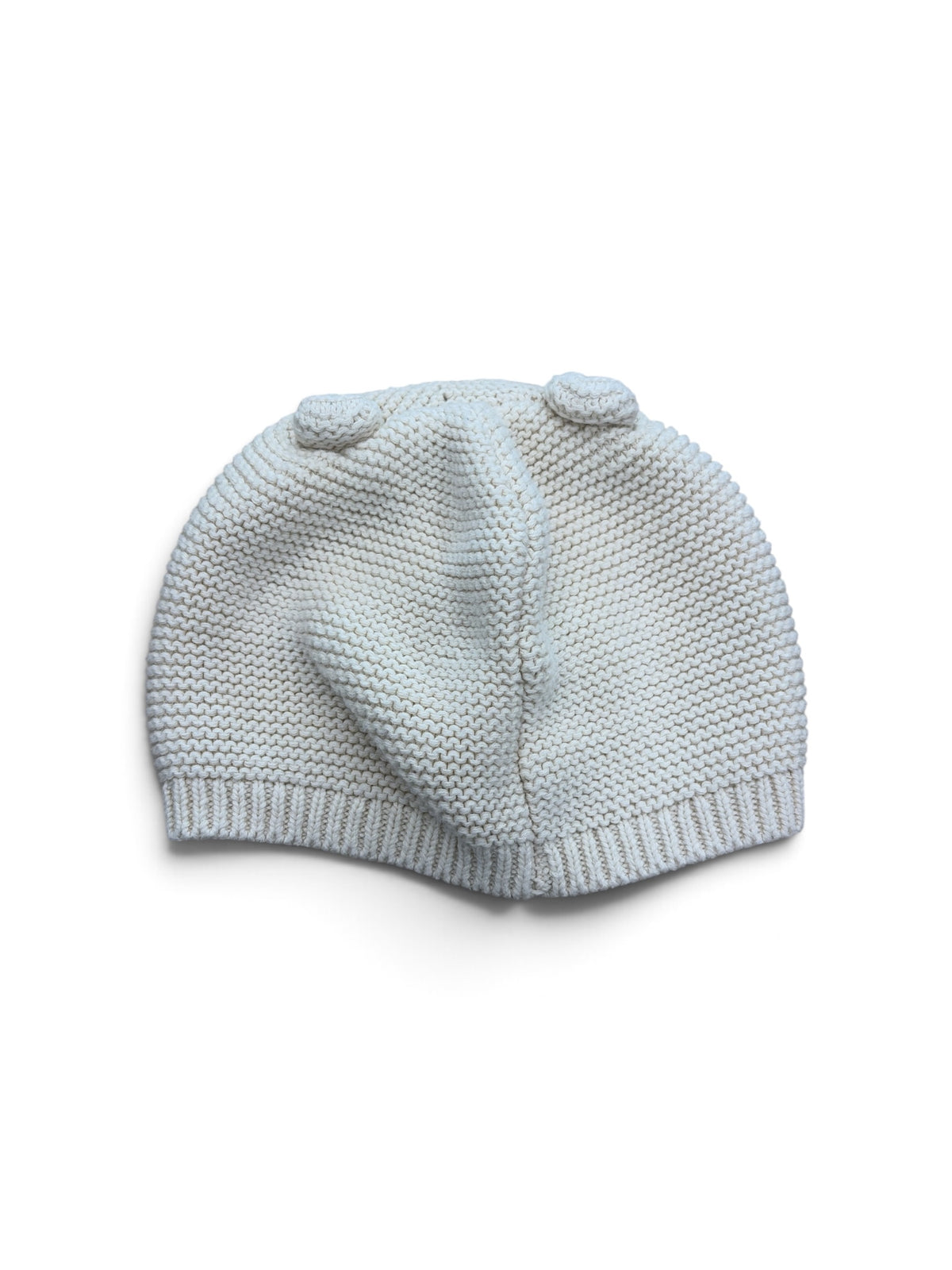 Baby Gap cream knit beanie with cute bear ears, made from soft cotton for toddlers.