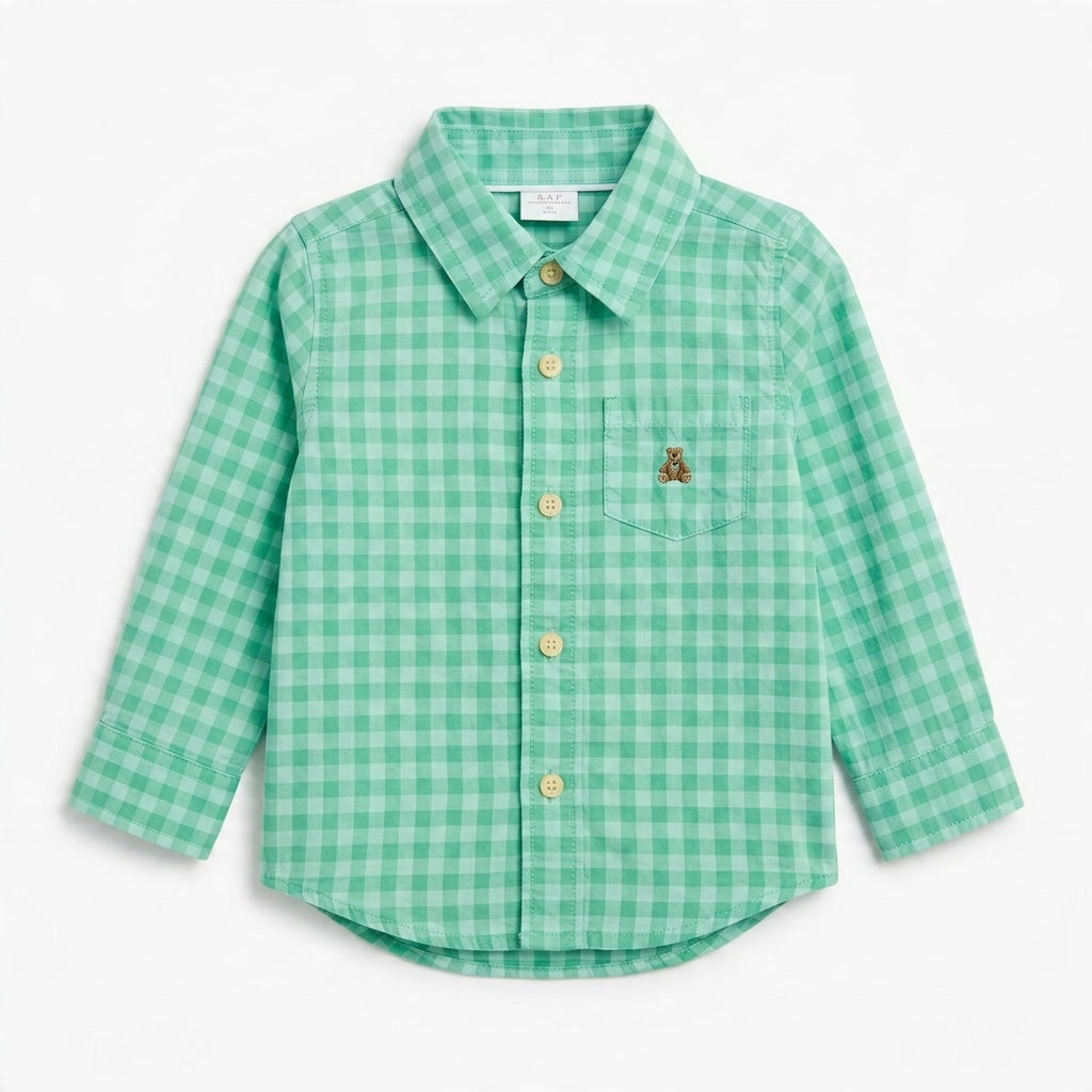 Baby Gap long-sleeve button-down shirt in green gingham check with a small bear logo on the chest pocket.