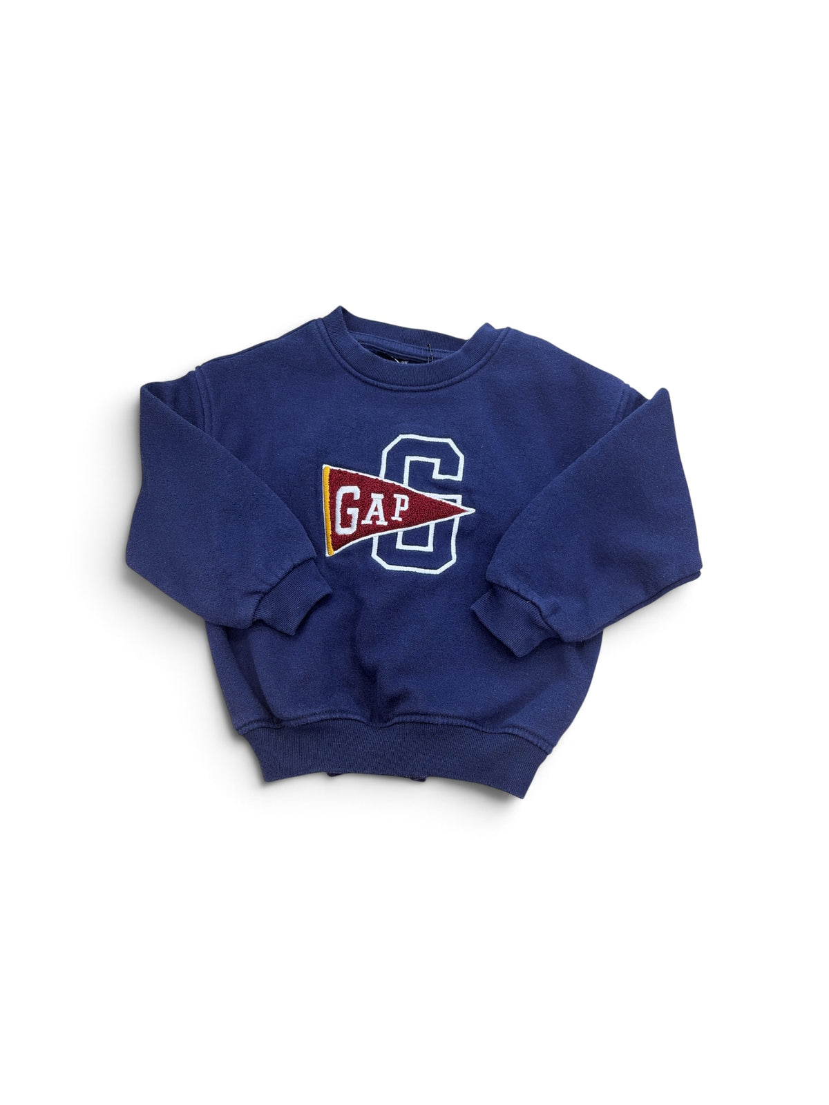 Navy blue Baby Gap sweatshirt with a red pennant and white letter G applique on the front.