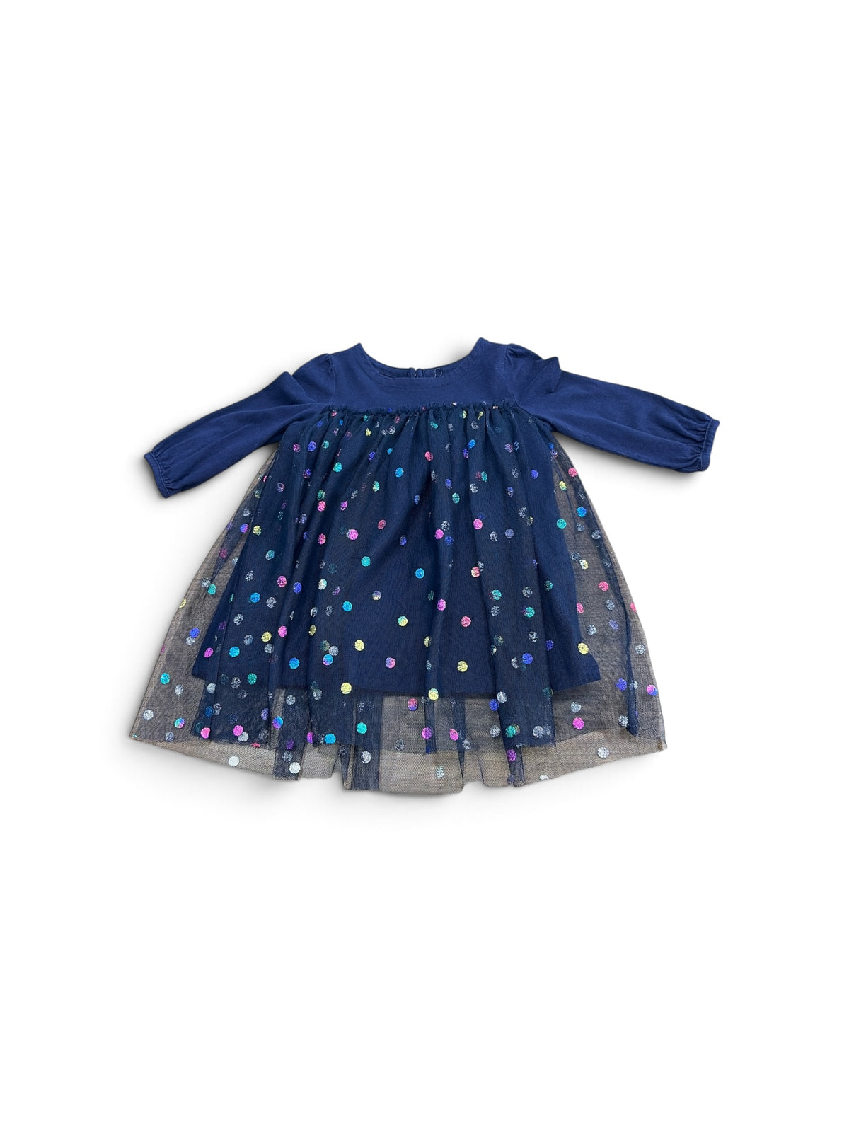 Baby Gap navy long sleeve dress with a layered tulle skirt featuring colorful glittery polka dots.