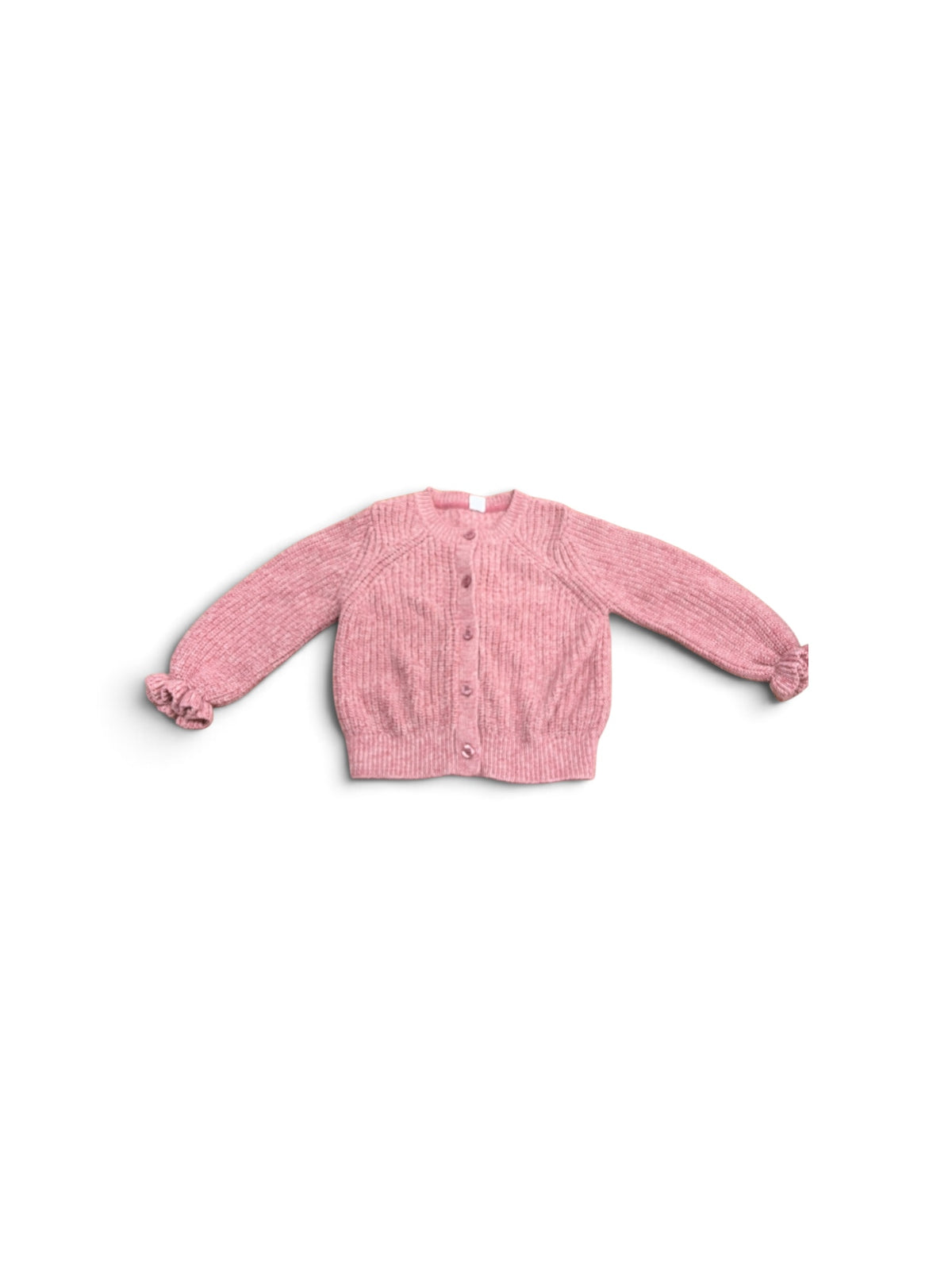 Baby Gap pink knit cardigan with ruffle sleeve cuffs and button-front closure for girls.