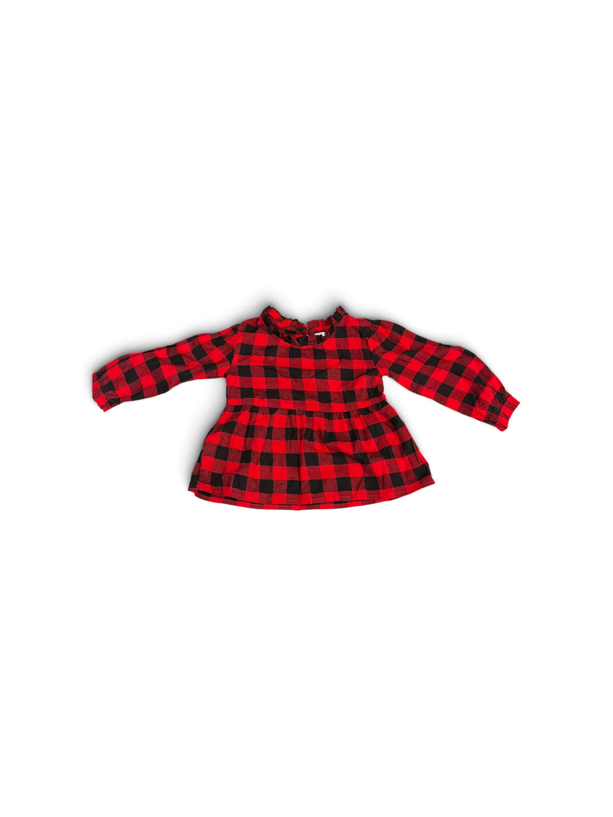 Baby Gap toddler girl red and black buffalo plaid long sleeve blouse with a ruffled neckline and peplum hem.