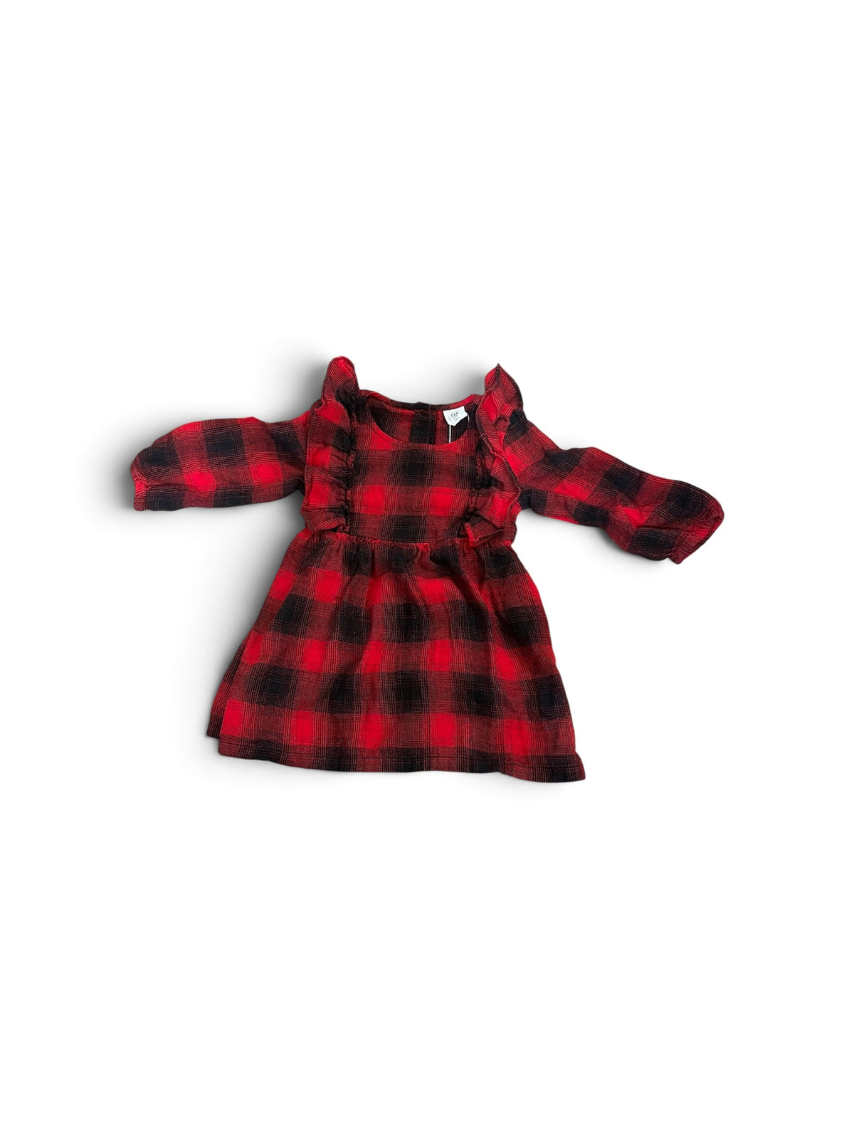 Baby Gap red and black plaid long-sleeve dress with ruffled shoulder details for toddlers.