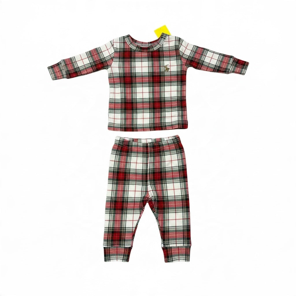 Baby Gap red and green plaid long-sleeve pajama set for infants with ribbed cuffs and embroidered logo detail.