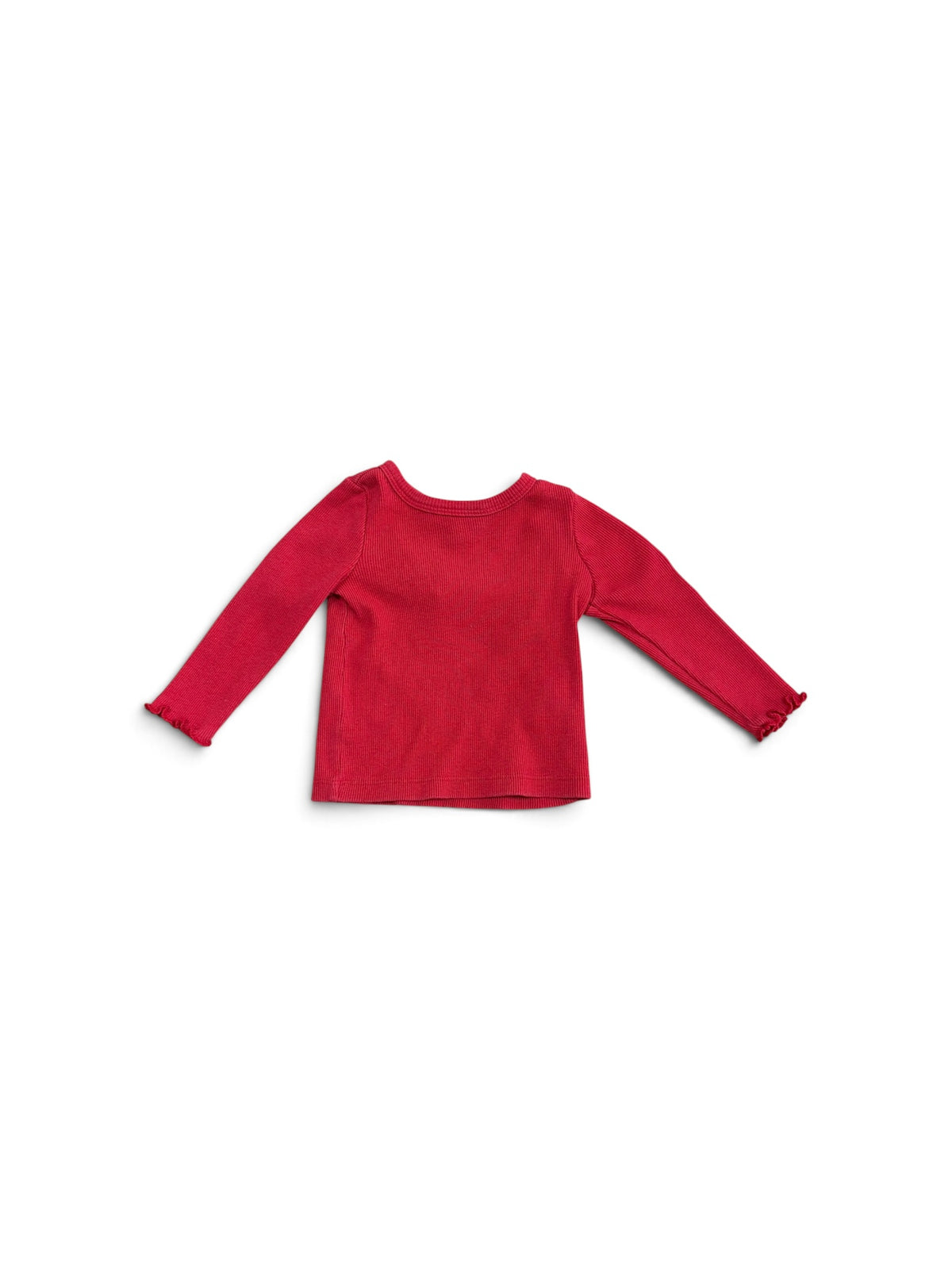 Baby Gap red long-sleeve shirt in ribbed cotton with lettuce-edge cuffs.