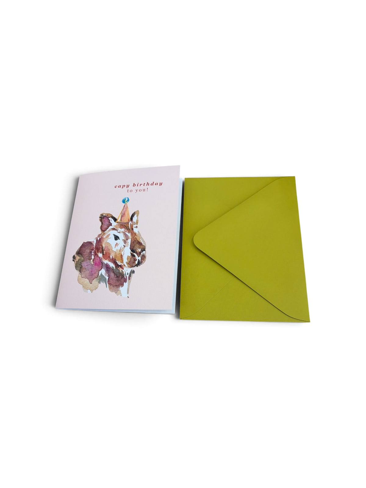 Birthday Dear Daughters greeting card featuring a watercolor capybara wearing a party hat with a green envelope.