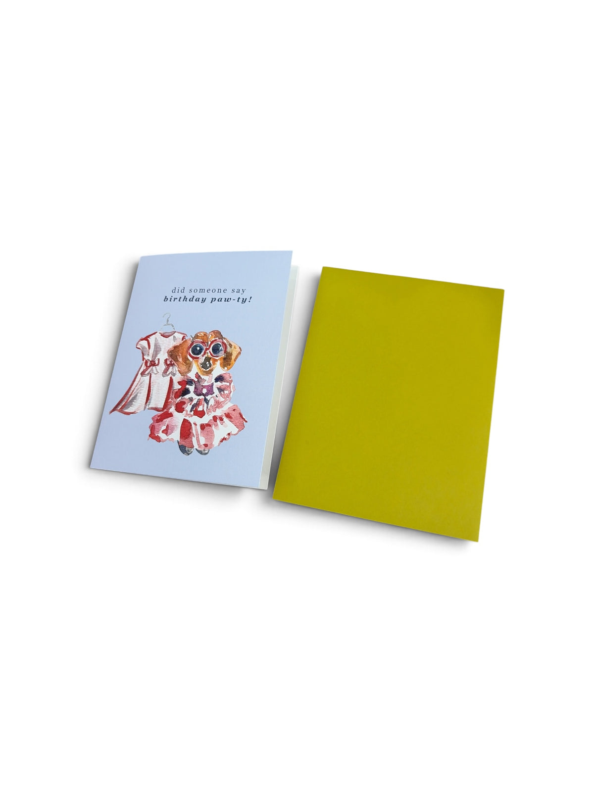 Birthday greeting card featuring a watercolor illustration of a dog in a dress with the text did someone say birthday