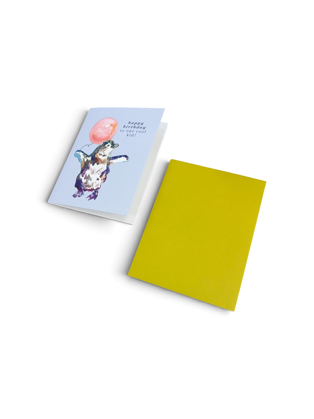 Birthday Dear Daughters greeting card featuring a watercolor penguin with a balloon and a solid lime green envelope.