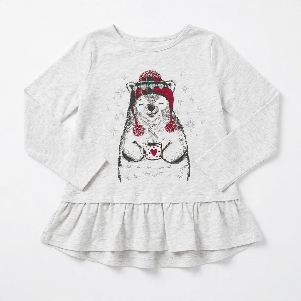 Carter's gray long-sleeve dress featuring a cute bear wearing a red winter hat and holding a heart-print mug