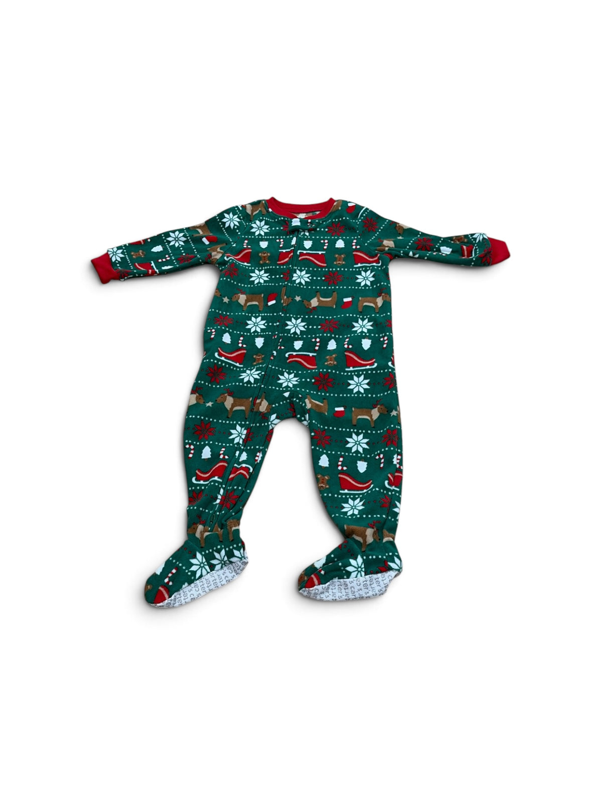Carter's green cotton footed sleeper with a festive reindeer, sleigh, and snowflake holiday print and 2-way zipper.