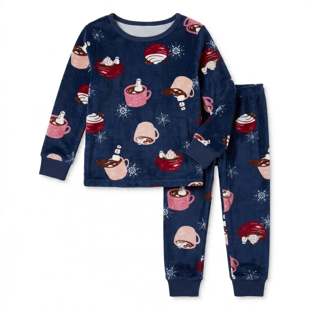 Carter's navy blue fleece pajama set featuring a cocoa mug and snowflake print for toddlers.