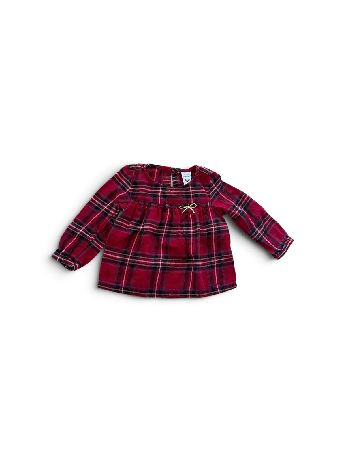 Carter's red plaid long-sleeve baby shirt with a small bow detail at the neckline.