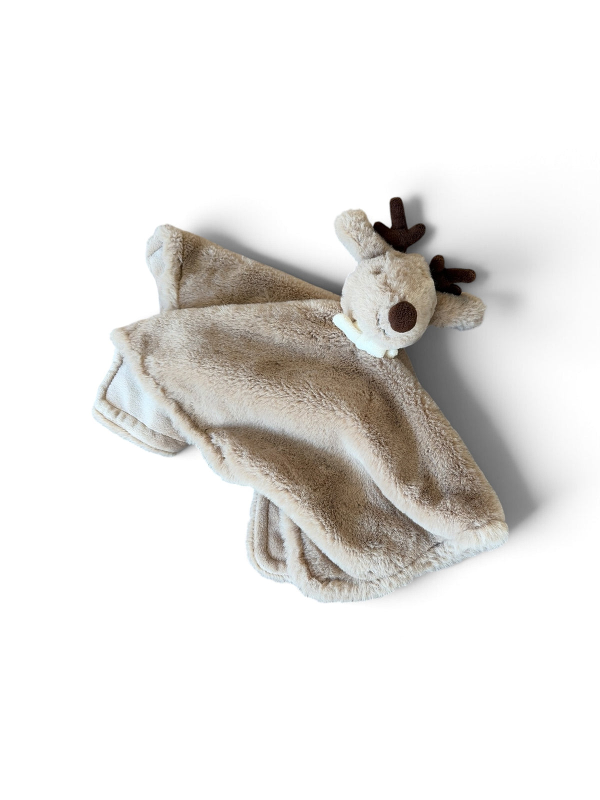 Crate & Kids plush reindeer lovey in soft beige faux fur with dark brown antlers and a small white collar.