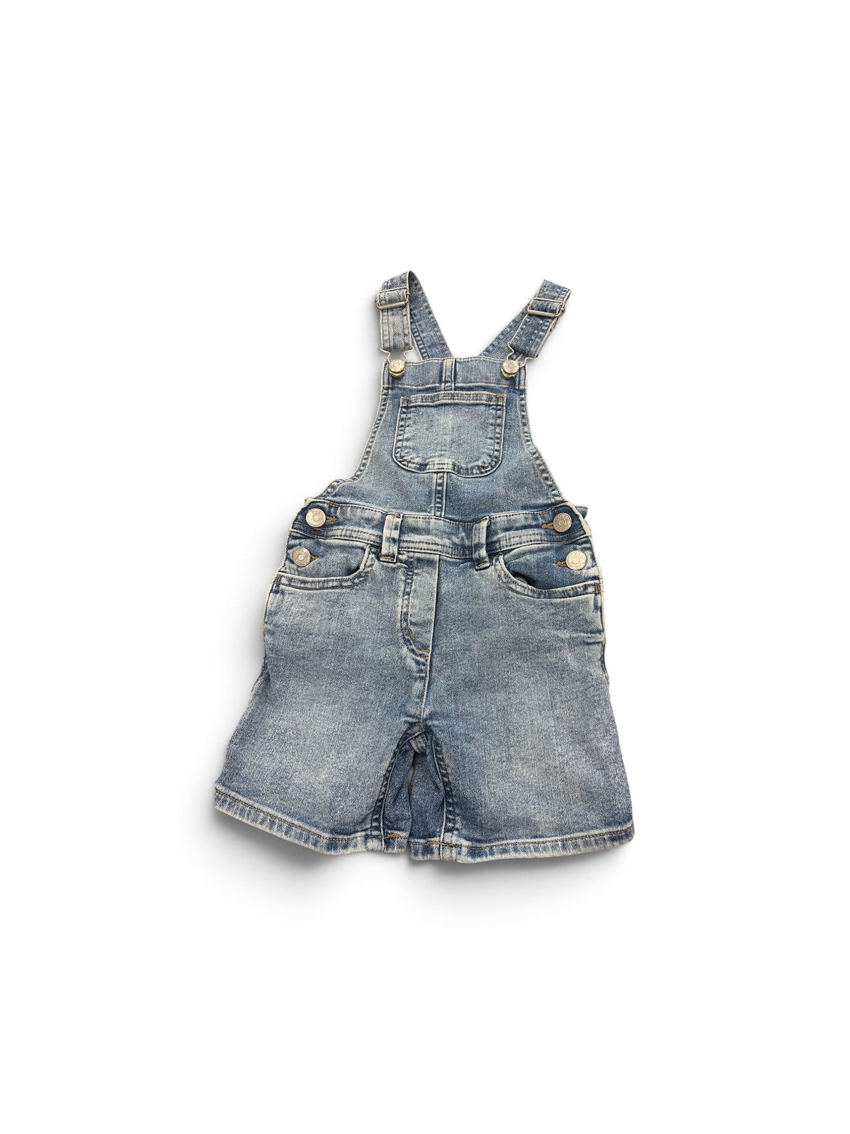 Crewcuts toddler blue denim short overalls with adjustable straps and classic five-pocket styling.