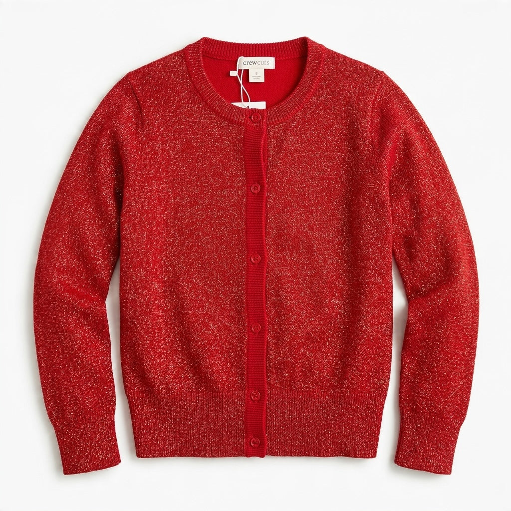 Crewcuts girls' red shiny metallic knit cardigan with a crew neck and button-front closure.
